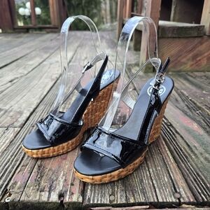 Tory Burch, Black Patent Leather, Wedge Sandals, Size 6.5M